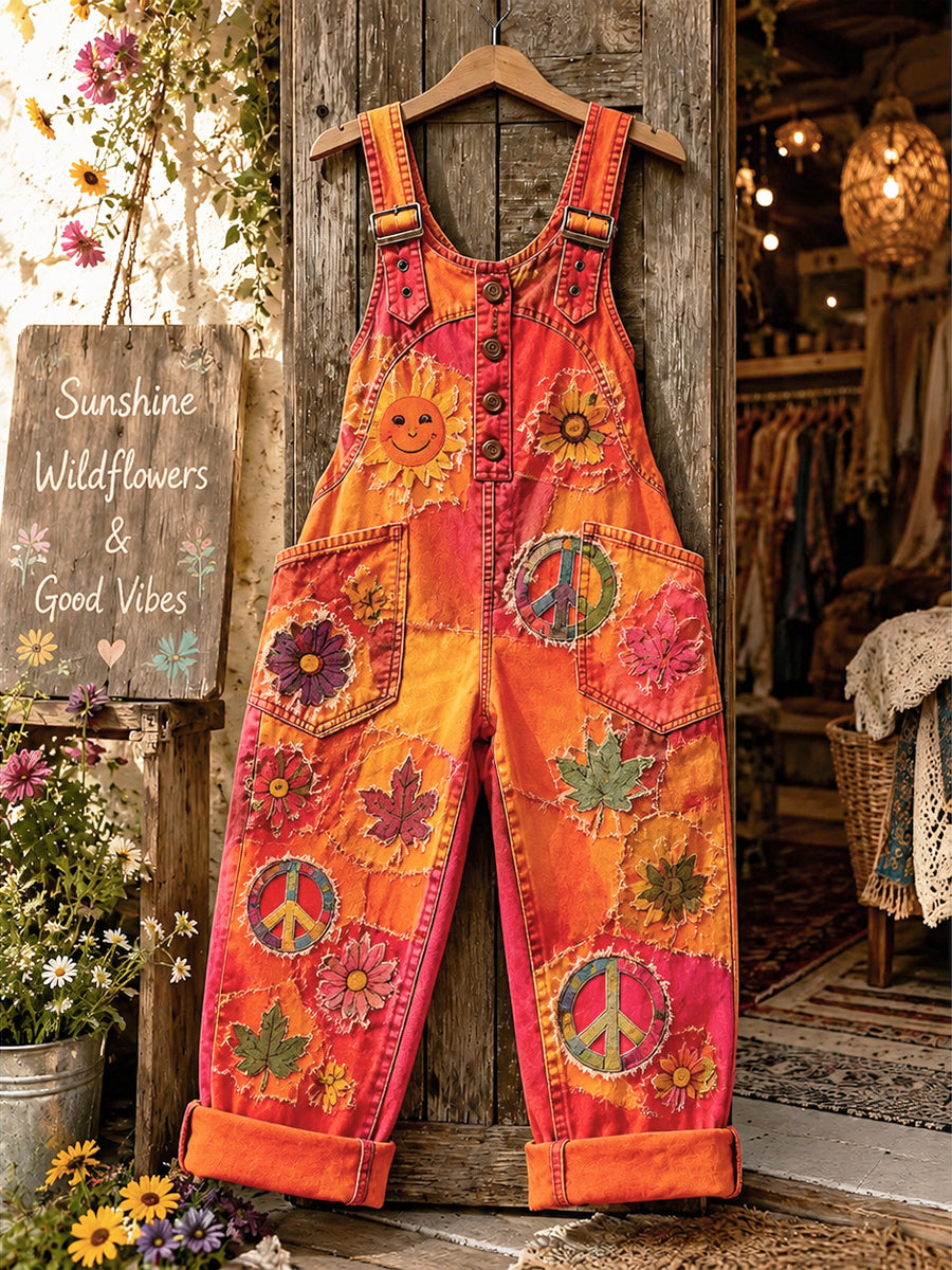 Women's Retro Style Art Print Washed Cotton Denim Patchwork Jumpsuit